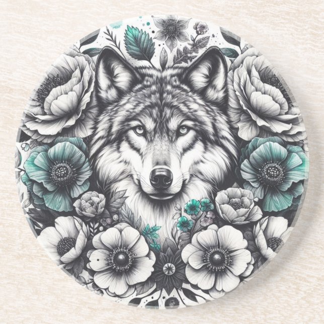 Teal and Grey Wolf with Flowers Sandstone Coaster (Front)