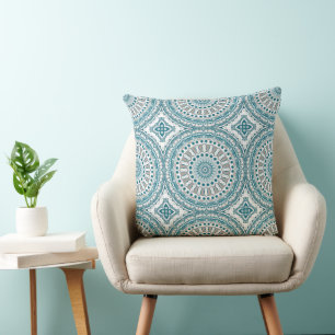 Teal and Ivory Abstract Mandala Pattern Cushion