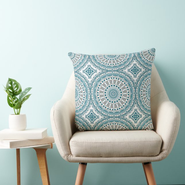 Teal and Ivory Abstract Mandala Pattern Cushion (Chair)