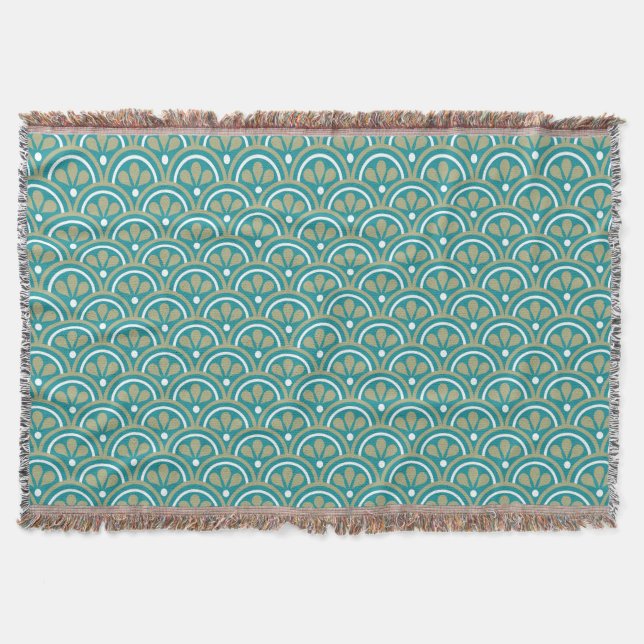 Teal And Khaki Floral Art Deco Pattern Throw Blanket (Front)