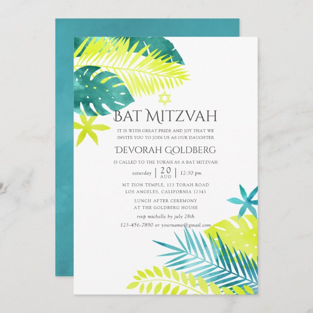 Teal and Lemon Tropical Bat Mitzvah Invitation (Front/Back)