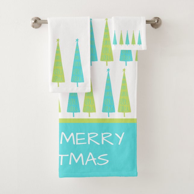 Teal and Lime Green Christmas Trees Personalised Bath Towel Set (Insitu)