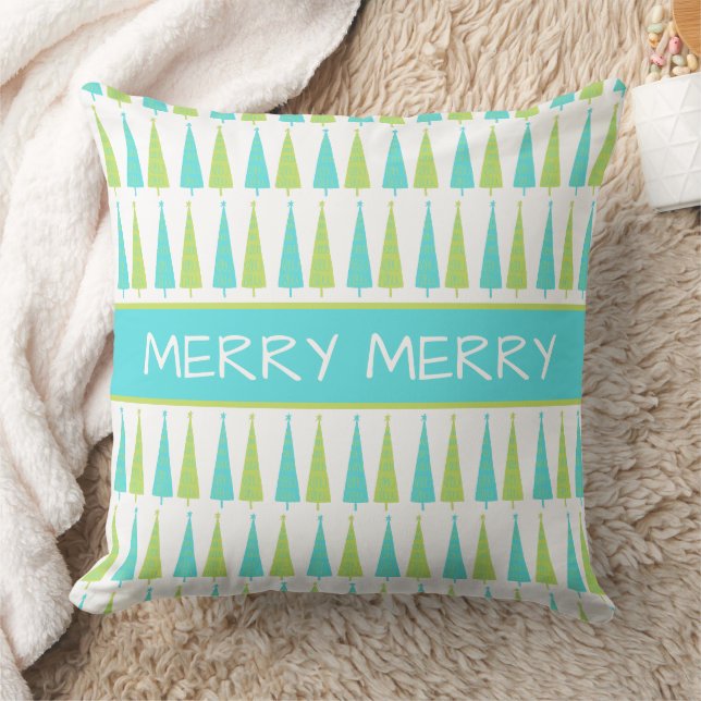 Teal and Lime Green Christmas Trees Personalised Cushion (Blanket)