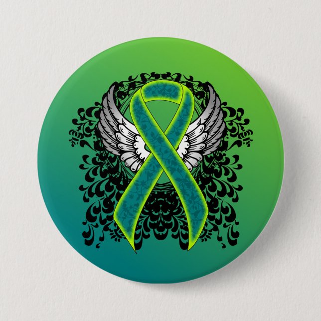 Teal and Lime Green Ribbon with Wings 7.5 Cm Round Badge (Front)