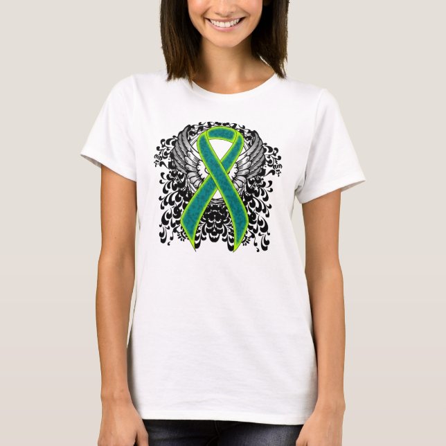 Teal and Lime Green Ribbon with Wings T-Shirt (Front)
