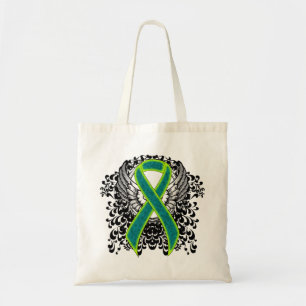 Teal and Lime Green Ribbon with Wings Tote Bag