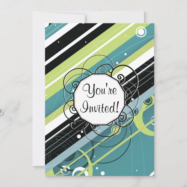 Teal and Lime Modern-Retro Stripes with Monogram Invitation (Front)