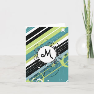 Teal and Lime Modern-Retro Stripes with Monogram Note Card