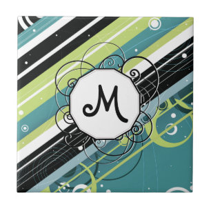 Teal and Lime Modern-Retro Stripes with Monogram Tile
