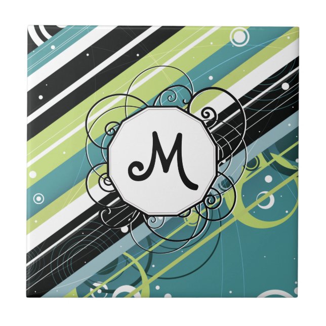 Teal and Lime Modern-Retro Stripes with Monogram Tile (Front)