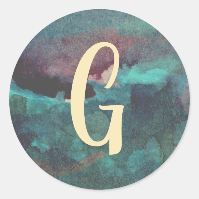 Teal and Maroon Monogram Watercolor Classic Round Sticker (Front)