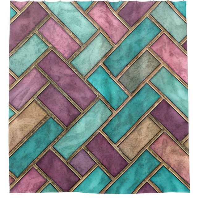 Teal and Mauve Herringbone Tile Pattern - Brick Shower Curtain (Front)