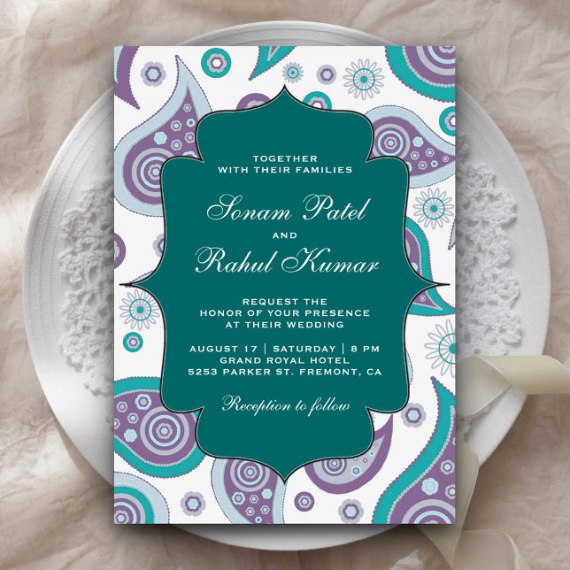 Teal and Mauve Paisley Pattern Indian Wedding Invitation (Creator Uploaded)