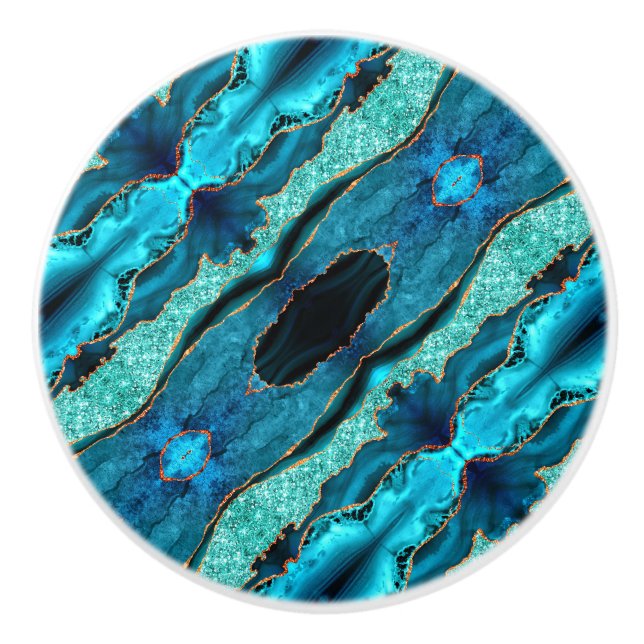 Teal and Navy Blue Gold Marble Ceramic Knob (Front)