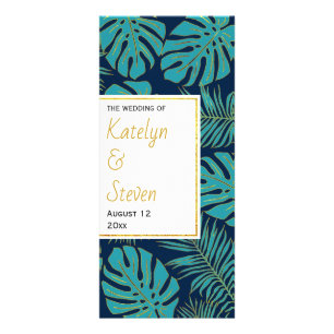 Teal and navy blue tropical leaves wedding program rack card
