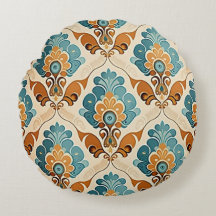 Teal and Ochre Floral Fans on Soft Cream