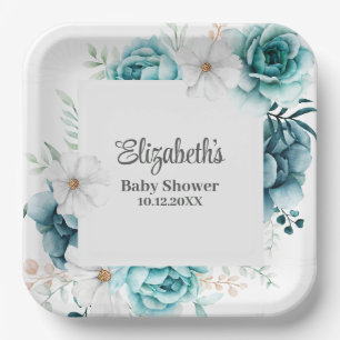 Teal and Off-White Baby Shower  Paper Plate