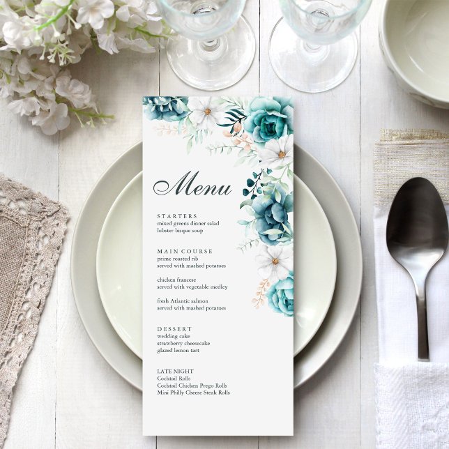 Teal and Off-White Wildflowers Wedding Menu Card (Teal and Off-White Wildflowers Wedding Menu Card on a white and silver wedding dinner table.)