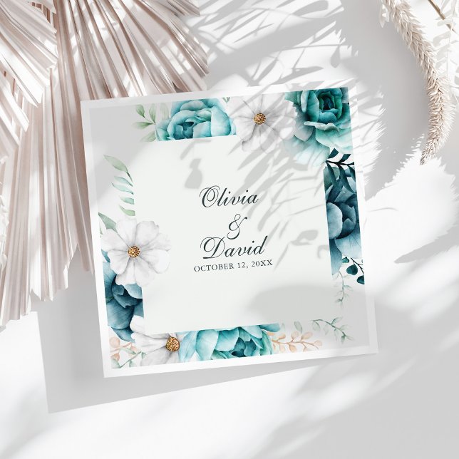 Teal and Off-White Wildflowers Wedding Napkin (Teal and Off-White Wildflowers Wedding Paper Dinner Napkins on a sunny white table.)