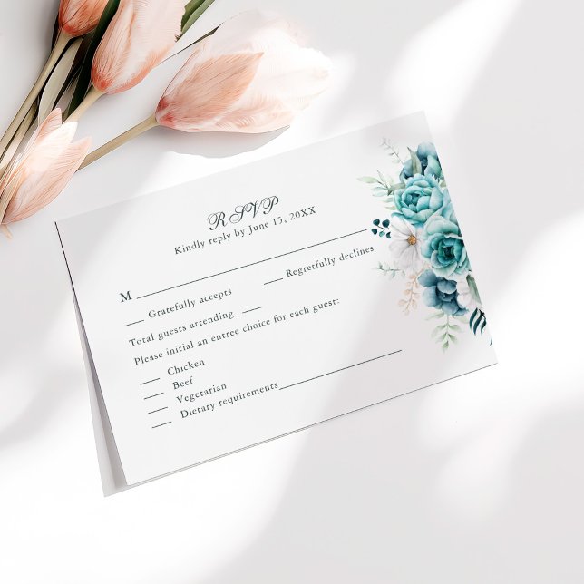 Teal and Off-White Wildflowers Wedding RSVP Card (Teal and Off-White Wildflowers Wedding RSVP Card on sunny white table with pale pink flowers.)