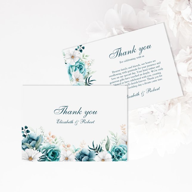 Teal and Off-White Wildflowers Wedding Thank You Card (Teal and Off-White Wildflowers Wedding Thank You Card on a white floral background.)
