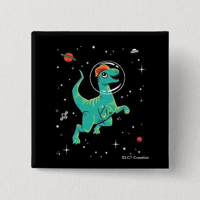 Teal And Orange Dilophosaurus Dinos In Space 15 Cm Square Badge (Front)
