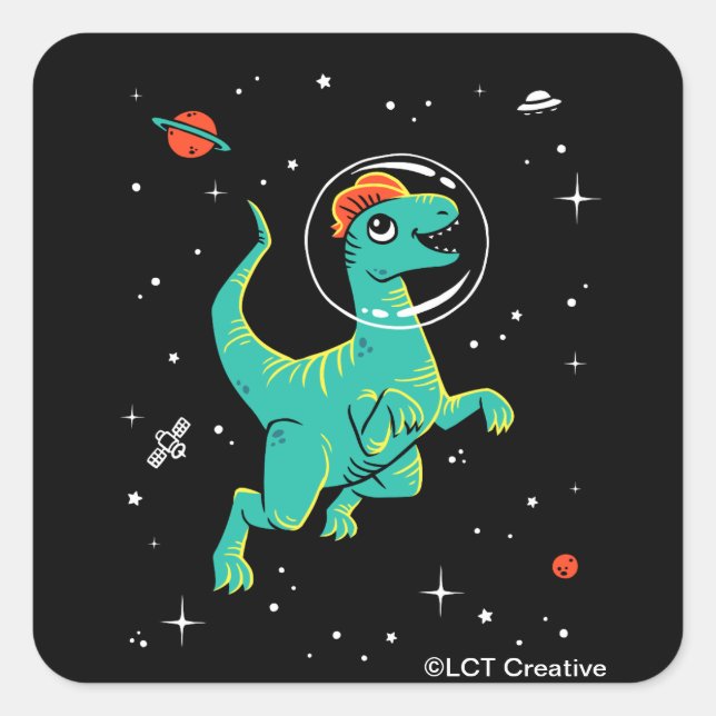 Teal And Orange Dilophosaurus Dinos In Space Square Sticker (Front)
