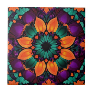 Teal and Orange flower with purple Tile