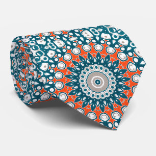 Teal and Orange Geometric Mandala Tie