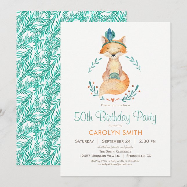 Teal and Orange Girl Fox Birthday Party Invitation (Front/Back)