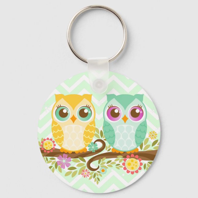 Teal and Orange Owls on Flower Branch - Key Chain (Front)