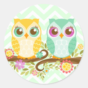 Teal and Orange Owls - Round Stickers