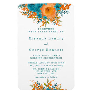 Teal and Orange Painted Florals Wedding Invite Magnet