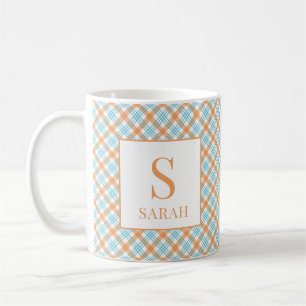 Teal and Orange Plaid Monogram Name Coffee Mug