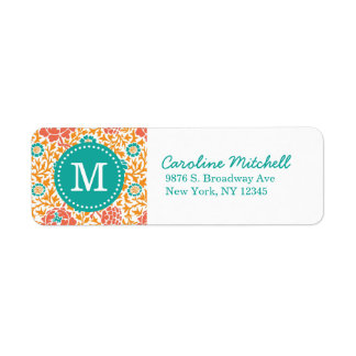 Teal and Orange Retro Floral Damask Monogram