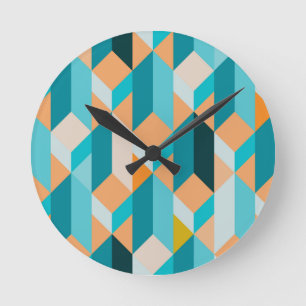 Teal And Orange Shapes Pattern Round Clock