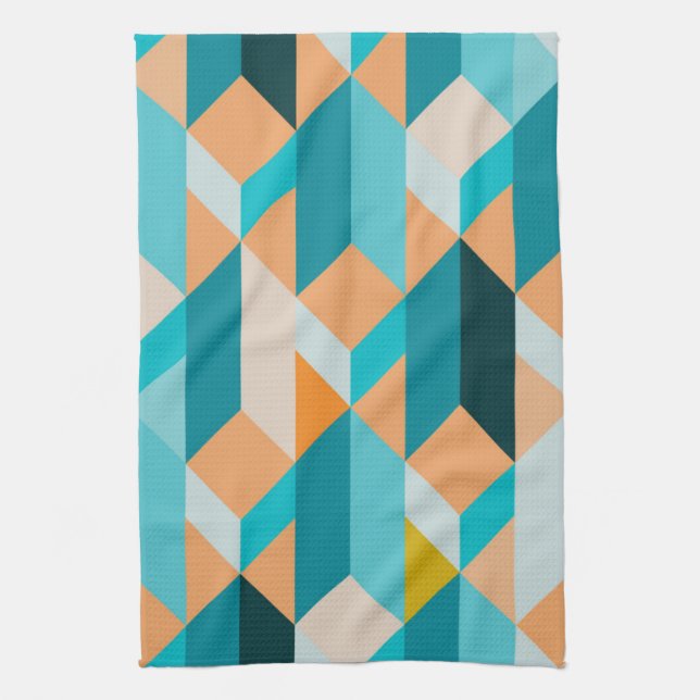 Teal And Orange Shapes Pattern Tea Towel (Vertical)