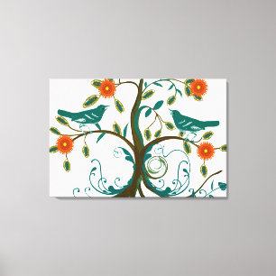Teal and Orange  Vintage Love Birds Canvas Print