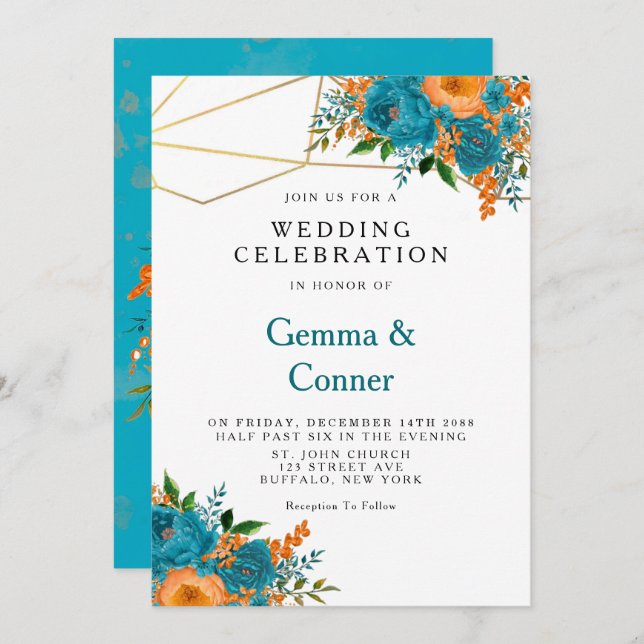 Teal and Orange Watercolor Floral Wedding Invitation (Front/Back)