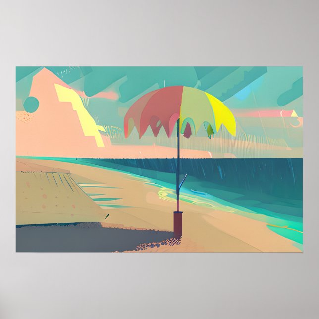 Teal and Peach Beach,  Mountain and Umbrella Poster (Front)