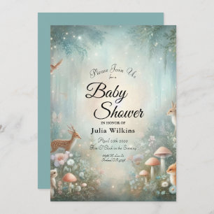 Teal and Peach Enchanted Forest Baby Shower Invitation