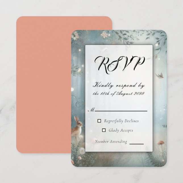 Teal and Peach Enchanted Forest Wedding RSVP Card (Front/Back)