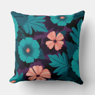 Teal and Peach Floral Pattern on Purple Background Cushion