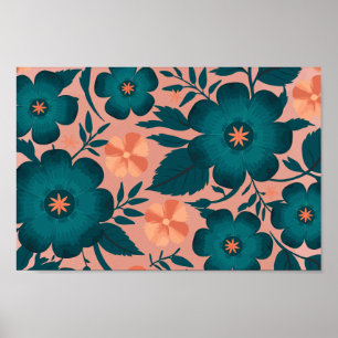 Teal and Peach Flowers on a Soft Pink Background Poster