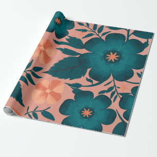 Teal and Peach Flowers on a Soft Pink Background Wrapping Paper