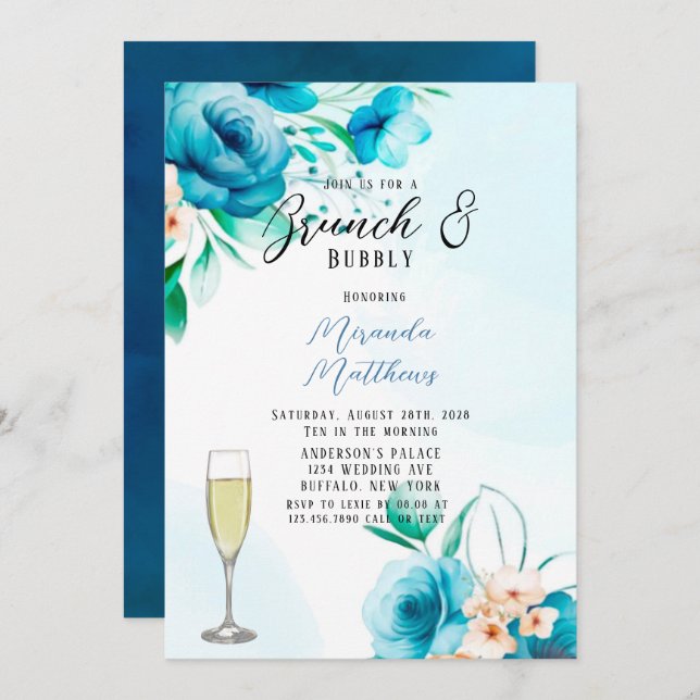 Teal and Peach Painted Floral Brunch & Bubbly Invitation (Front/Back)