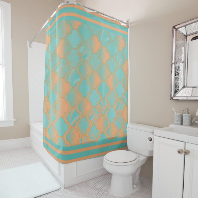 Teal and Peach Quatrefoil Patterns Shower Curtain (In Situ)