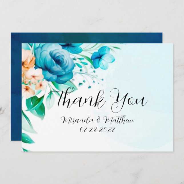 Teal and Peach Watercolor Florals Thank You Cards (Front/Back)