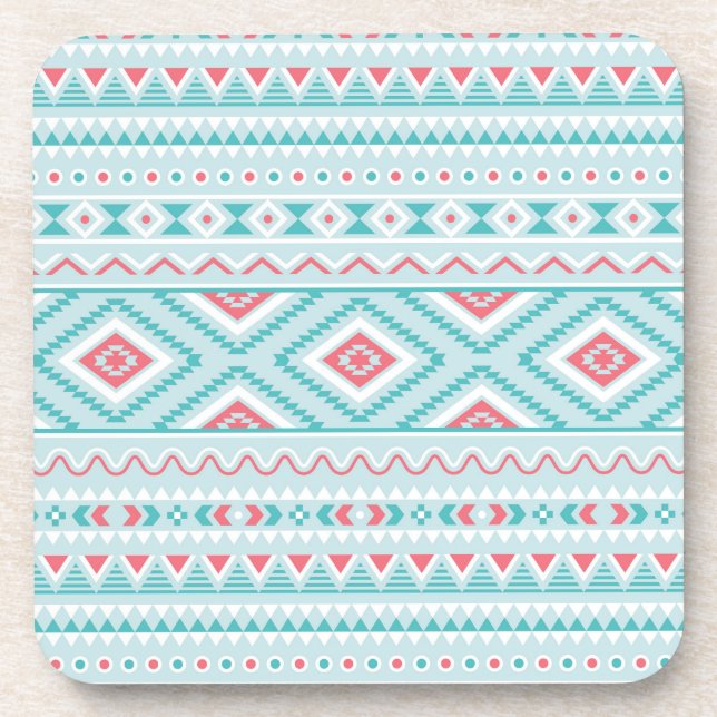 Teal and Pink Aztec Tribal Pattern Coaster (Front)