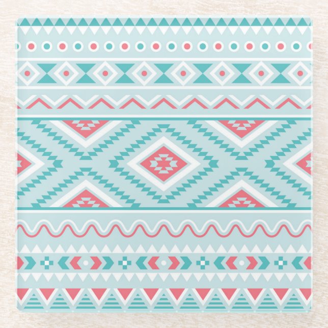 Teal and Pink Aztec Tribal Pattern Glass Coaster (Front)